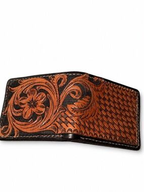 Hand-Tooled Leather Bifold Wallet Basketweave Design Brown floral